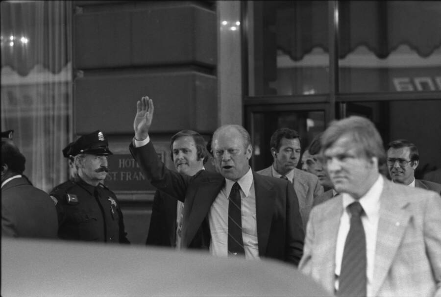 President Ford waved to the crowd outside the St. Francis Hotel in San Francisco, seconds before an assassination attempt.