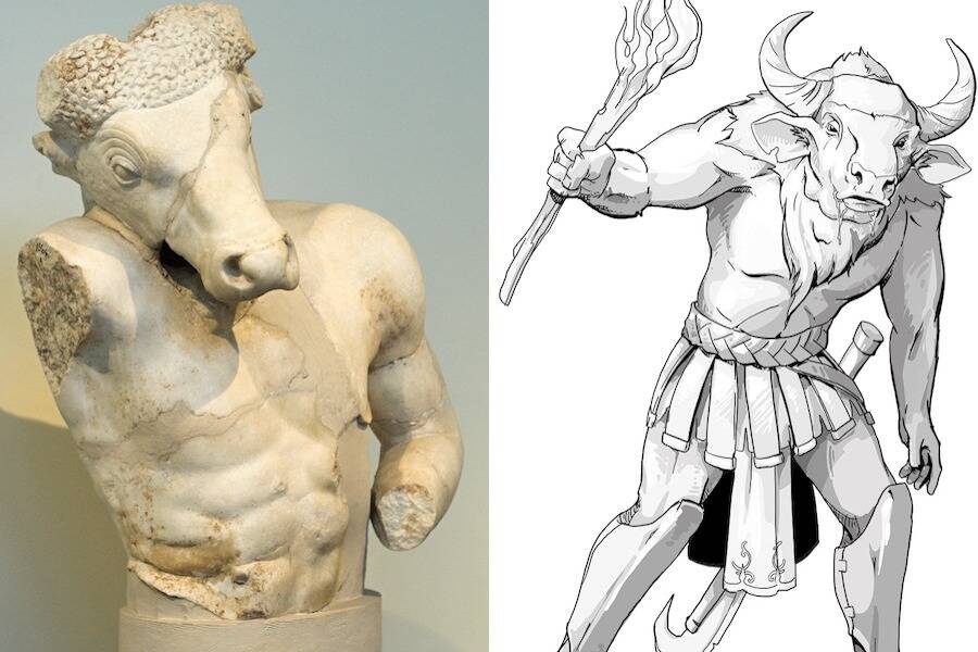 Dibujo y estatua de Minotauro