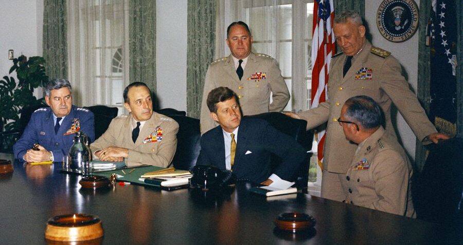 Operation Northwoods The U S False Flag Plot To Incite A War With Cuba   Jfk Sitting With Joint Chiefs Of Staff 