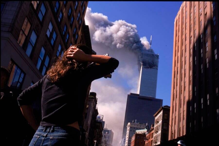 Woman Looks At Burning Twin Tower