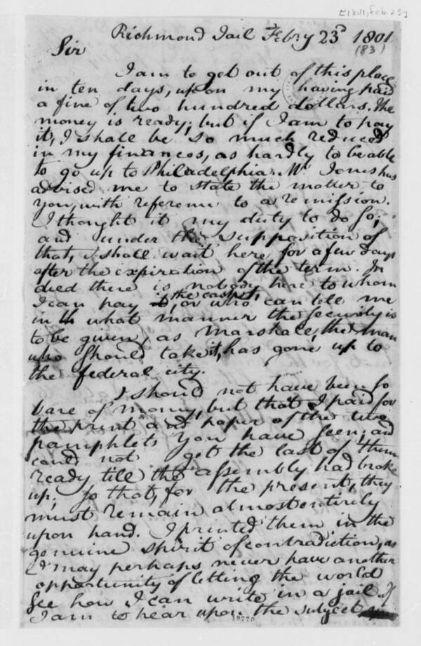 James Callender Letter To Thomas Jefferson