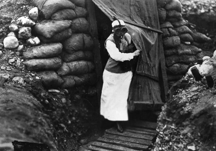 American Nurse Wearing A Gas Mask In A World War I Trench