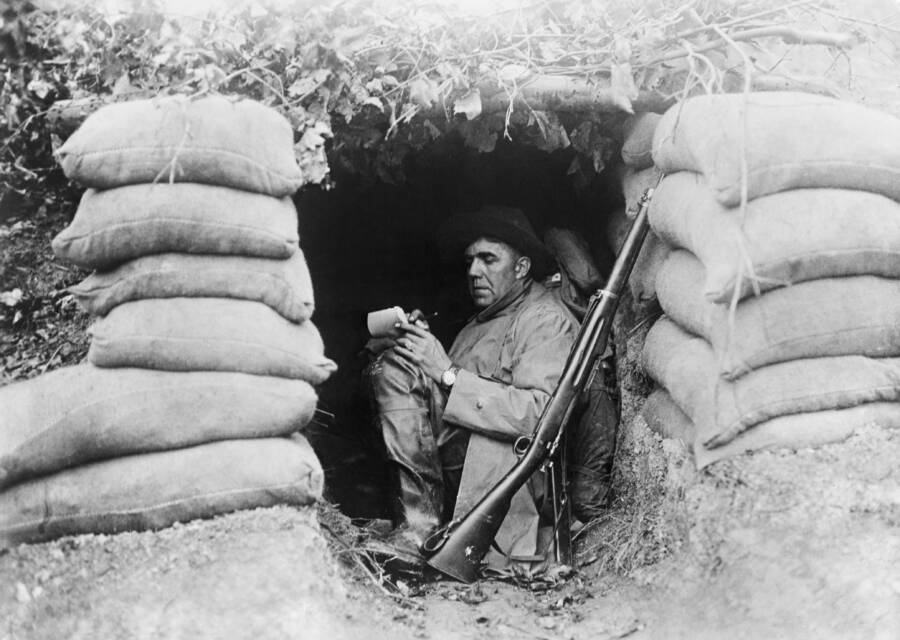 American Soldier Writing A Letter In A World War I Trench