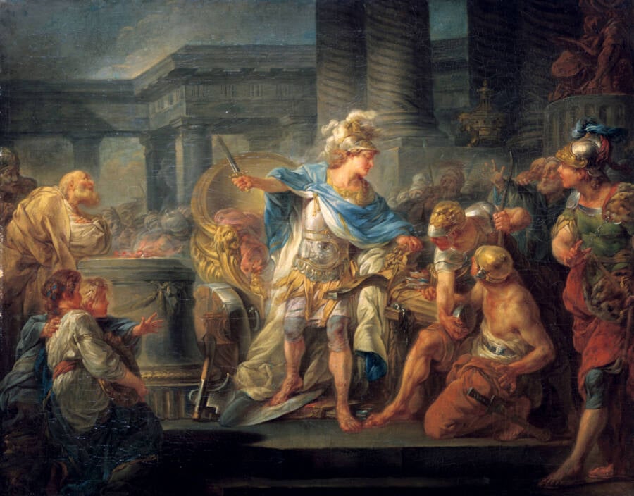 Painting Of Alexander Cutting The Gordian Knot