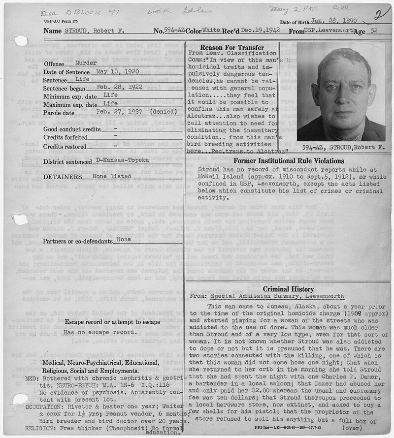 Robert Stroud's File At Alcatraz