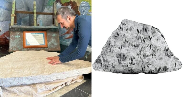 Stone Slab Alongside Dinosaur Footprints Featured