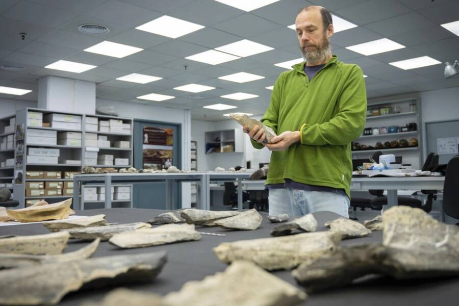 Study Author Holding Bone Tool