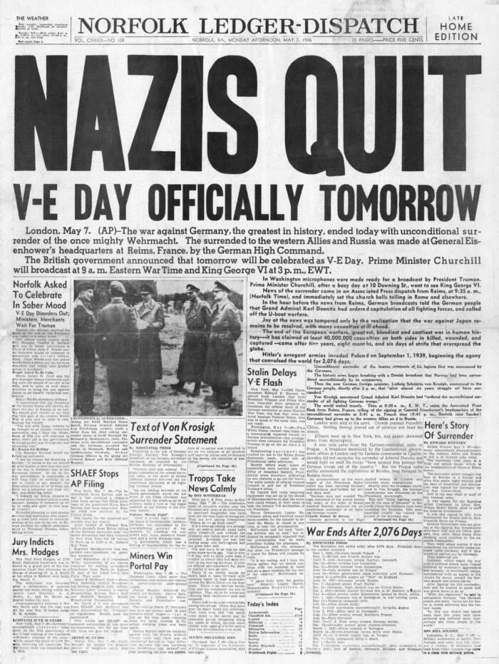 Norfolk Ledger Dispatch VE Day Announcement