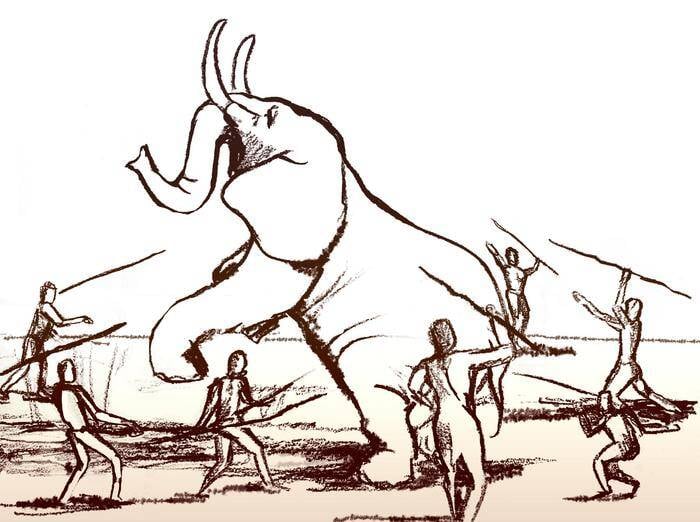 Prehistoric Humans Hunting An Elephant