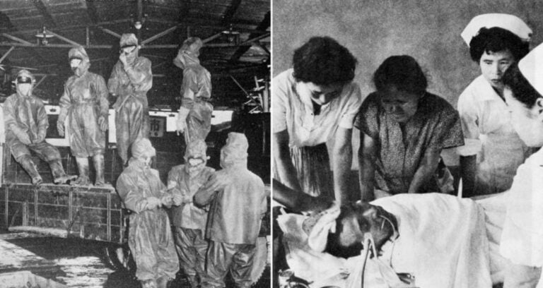 People In Hazmat Suits Alongside Lucky Dragon Victim Featured