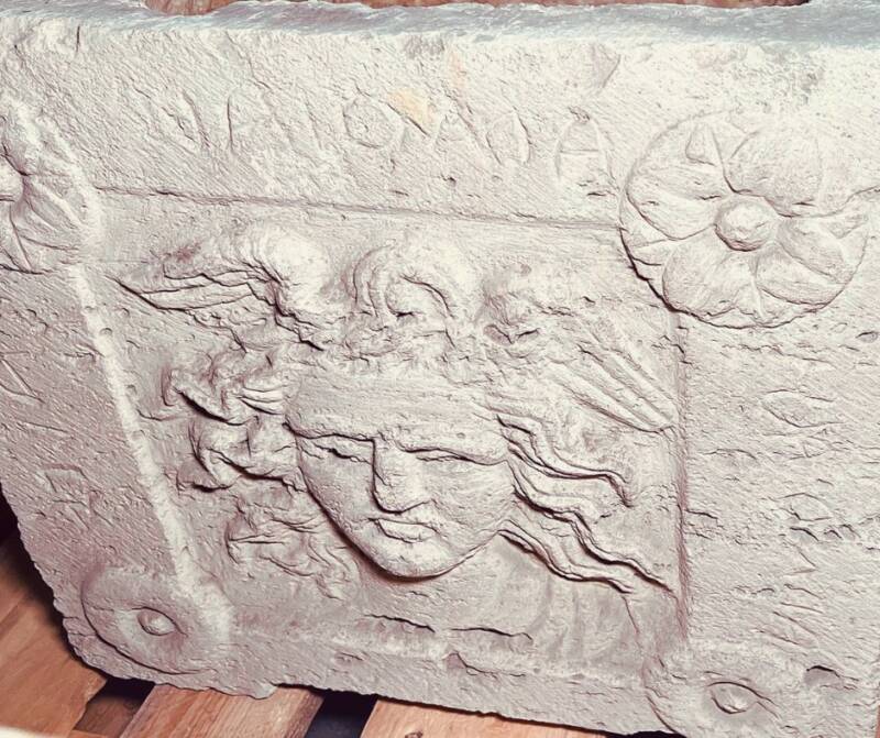 Medusa Relief And Engravings On Etruscan Urn