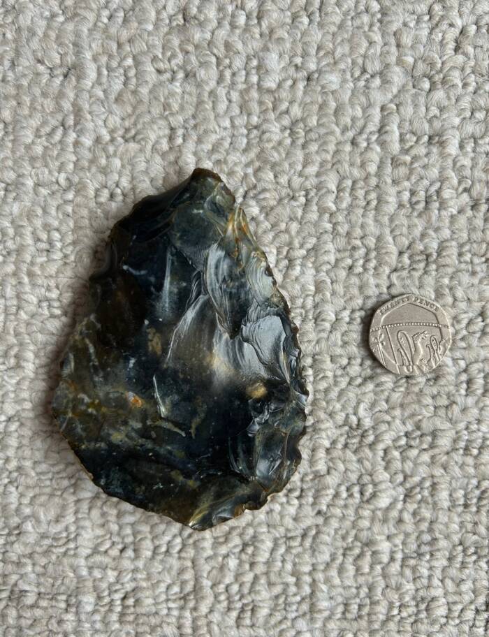 Neolithic Hand Ax Compared To A Coin