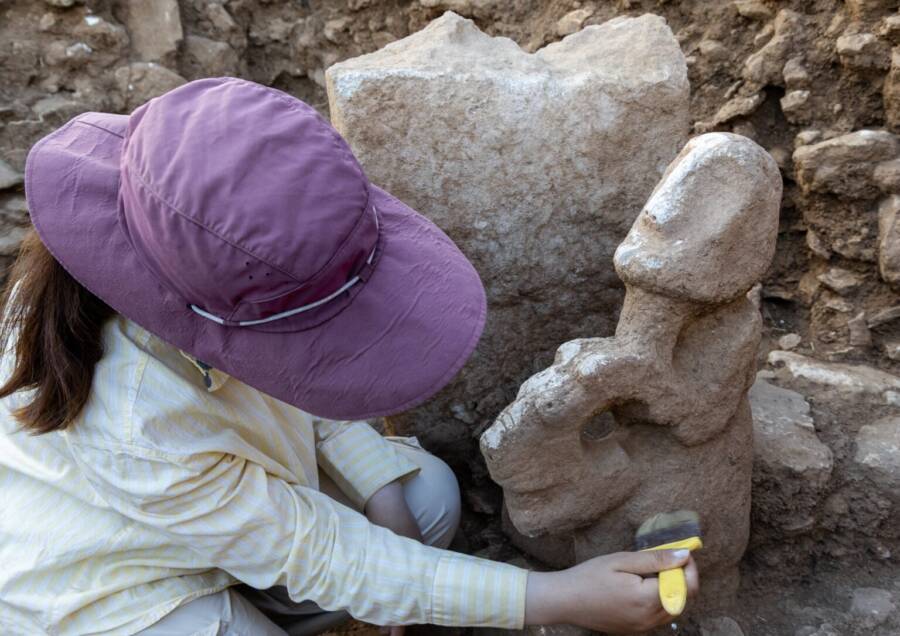 Neolithic Statue Of Human Sitting On Leopard